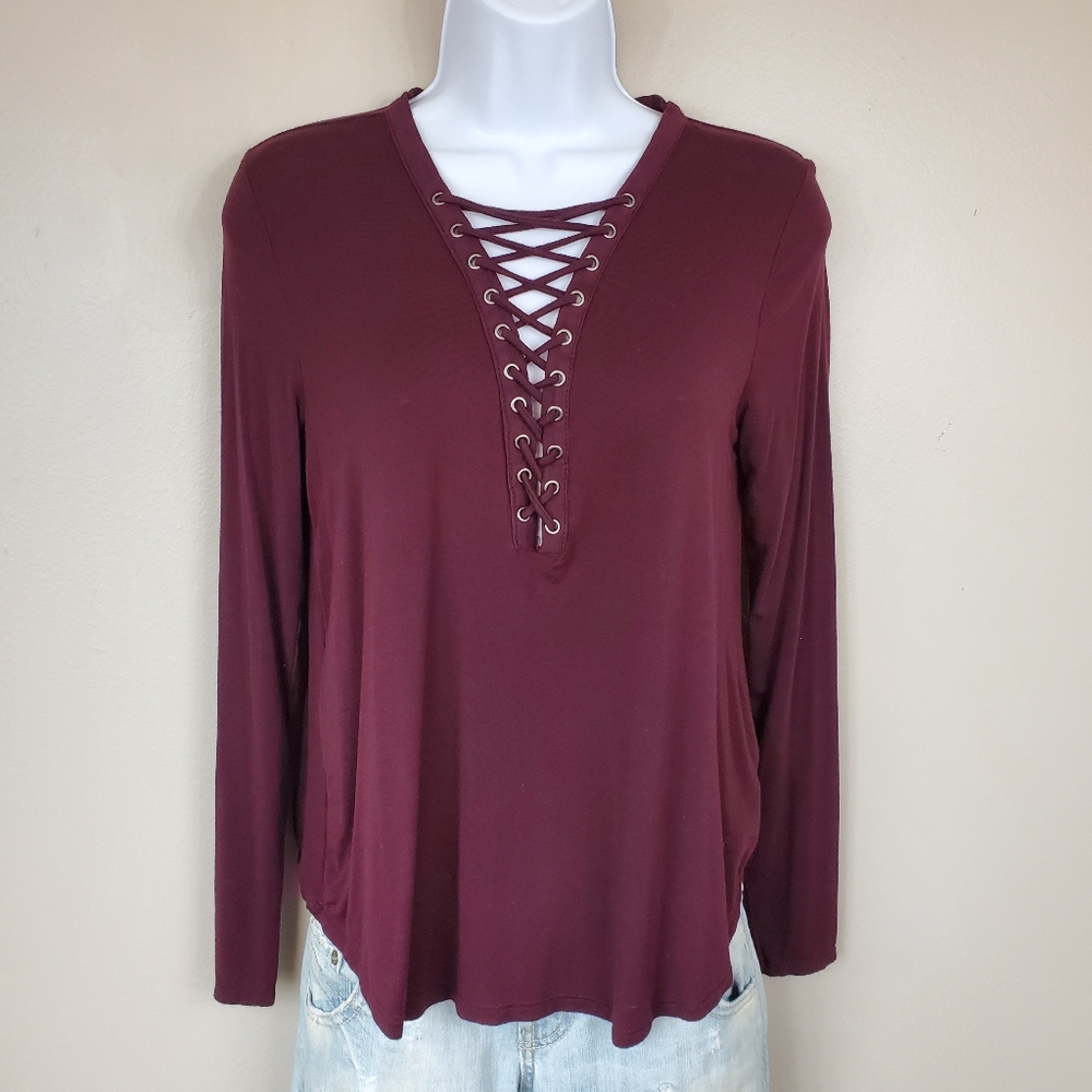 American Eagle Outfitters Soft & Sexy T Wine Red with Criss-Cross Neck A…